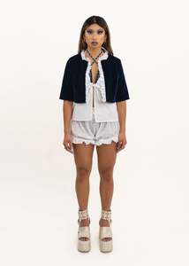 Velvet short sleeved jacket with broderie anglais lace trim