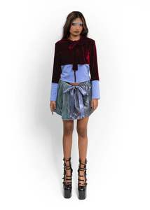 Velvet panelled jacket with pussybow