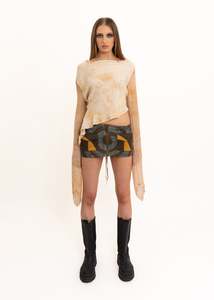 Silk asymmetric drape top- cream/ brown
