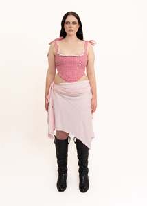 Independent Designer Tops: Gingham corset with lace trim