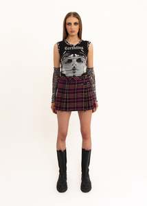Tartan pleated wool mini skirt with leather buckles