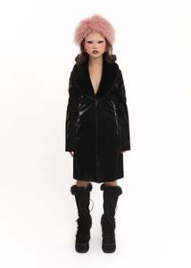 Liquid latex coat with faux fur collar