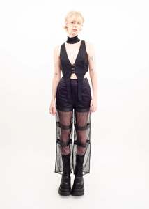 Sheer wide leg silk pants with leather accents