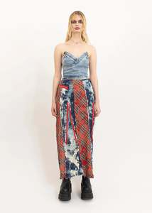 Reconstructed bleached denim/ tartan maxi skirt