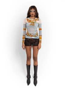Gaultier: Mariniere stripe baroque print print mesh top