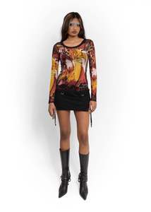 Painted figure print mesh top