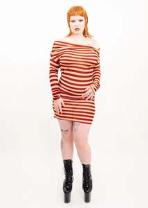 Gaultier: Cowl neck striped mesh dress