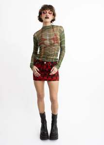 Warped tartan print silk mesh top