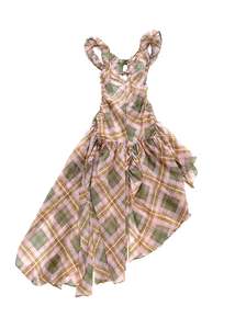 Plaid puff chiffon asymmetric dress- Haruko Tartan