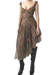 Plaid puff chiffon asymmetric dress- Pink Tartan