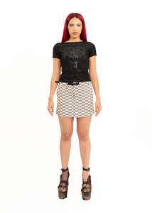 Logo print checkerboard denim mini skirt