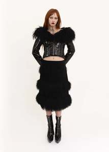 Vintage Femme Womenswear: Faux Mongolian sheepskin trimmed vinyl jacket