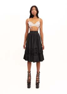 Rosette trim sateen midi skirt