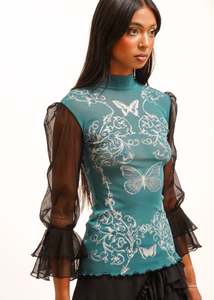 Ornate/ butterfly print frill sleeve mesh top