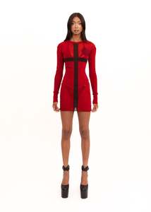 Cross print mesh mini dress- red