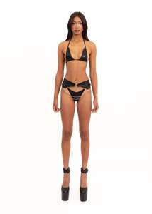 Lingerie Swimwear: Micro Triangle Bikini and Garter Belt Set- Black