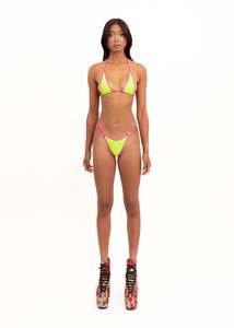 Lingerie Swimwear: Micro Triangle Bikini Set- Neon Green Iridescent/ Hot Pink