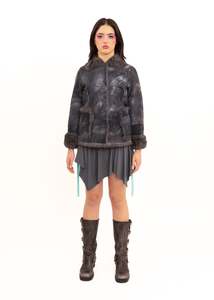 Bb Vintage: Variegated suede coat with rabbit fur lining and trims