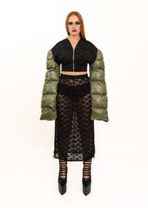 Neoprene jacket with exaggerated puffer sleeves
