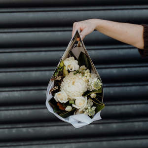 Mixed Bouquet Whites and Greens in Carrier
