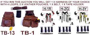 Toolbelts Accessories: TOOL BELT WITH 2 X HEAVY DUTY LEATHER BROWN POUCHES & PADDED SUSPENDERS/HARNESS.