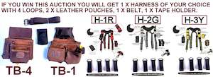 TOOL BELT WITH 2 X HEAVY DUTY LEATHER BROWN POUCHES & PADDED SUSPENDERS/HARNESS.