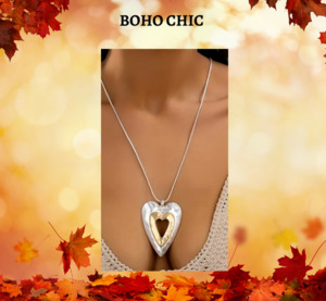 Products: Silver plated - rose gold hollow cut out heart necklace Boho Chic