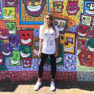 Kate wears our It's Very Rude to Stare - V necked Bamboo T-Shirt in New Plymouth