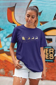 Christmas Dress Up: Ladies Foiled Print Christmas T-Shirt (Santa Sleigh & Reindeer) Red Not Blue