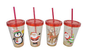 Christmas Party Ware: Novelty Xmas Glitter Cup With Straw (550mL)