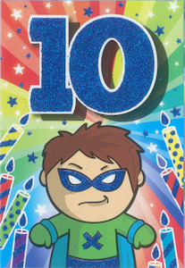 Glitter Party Age Greeting Card - Blue Superhero (10)