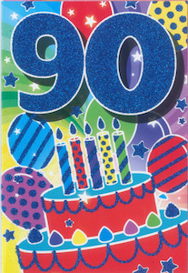 Glitter Party Age Greeting Card - Blue Birthday Cake (90th)