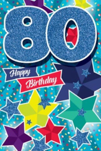 Glitter Party Age Greeting Card - Blue Stars (80th)