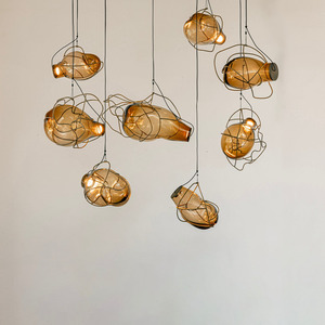 Chandeliers Pendants: Nebula Lighting Sculpture - 8 Bubbles - Amber Glass
