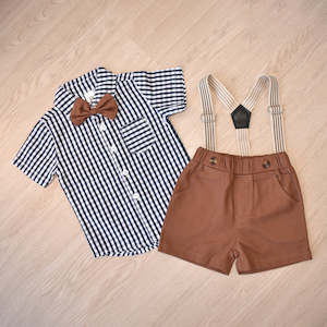 Baby Boy checks print shirt with bow and suspender Blue & Brown