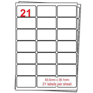 Box of A4 label sheets. 100 sheets per box, 21 labels per sheet