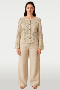 Crochet Lace Detail Button Cardi Beige