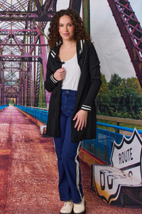 Stripe Trim Hooded Cardi Black