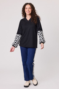 Daisy Print Sleeve Top Black/White