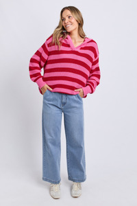 S: Stripe Hooded Knit Cranberry