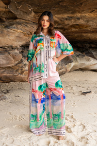 3/4 Sleeve Tropical Print Shirt Pink