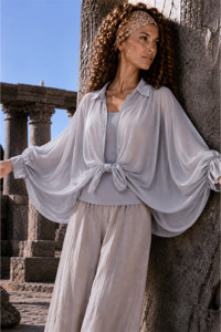 Batwing Tie Sheer Top Grey