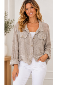 Jackets Vests And Cardigans: Linen Crop Jacket Beige