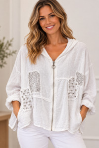 Sequin Patch Hooded Jacket White