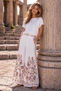 Wide Leg Floral Print White