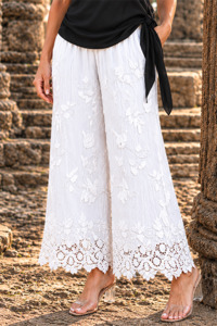 Pants Tights And Skirts: Embroidery Lace Detail Pants White