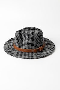 Fashion Accessories: Plaid Fedora Charcoal With Tan PU Strap