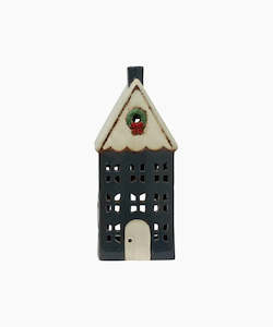 Christmas Tea Light House Blue with Wreath Large