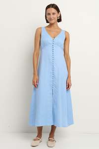AMONG THE BRAVE PANAMA LINEN SLEEVELESS SBUTTON FRONT MIDI DRESS