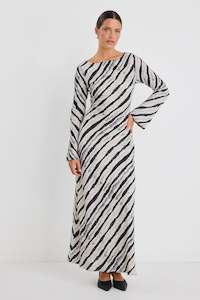 Stories Be Told: STORIES BE TOLD LUMINOIS IRREGULAR STRIPE FLUTED BIAS MAXI DRESS